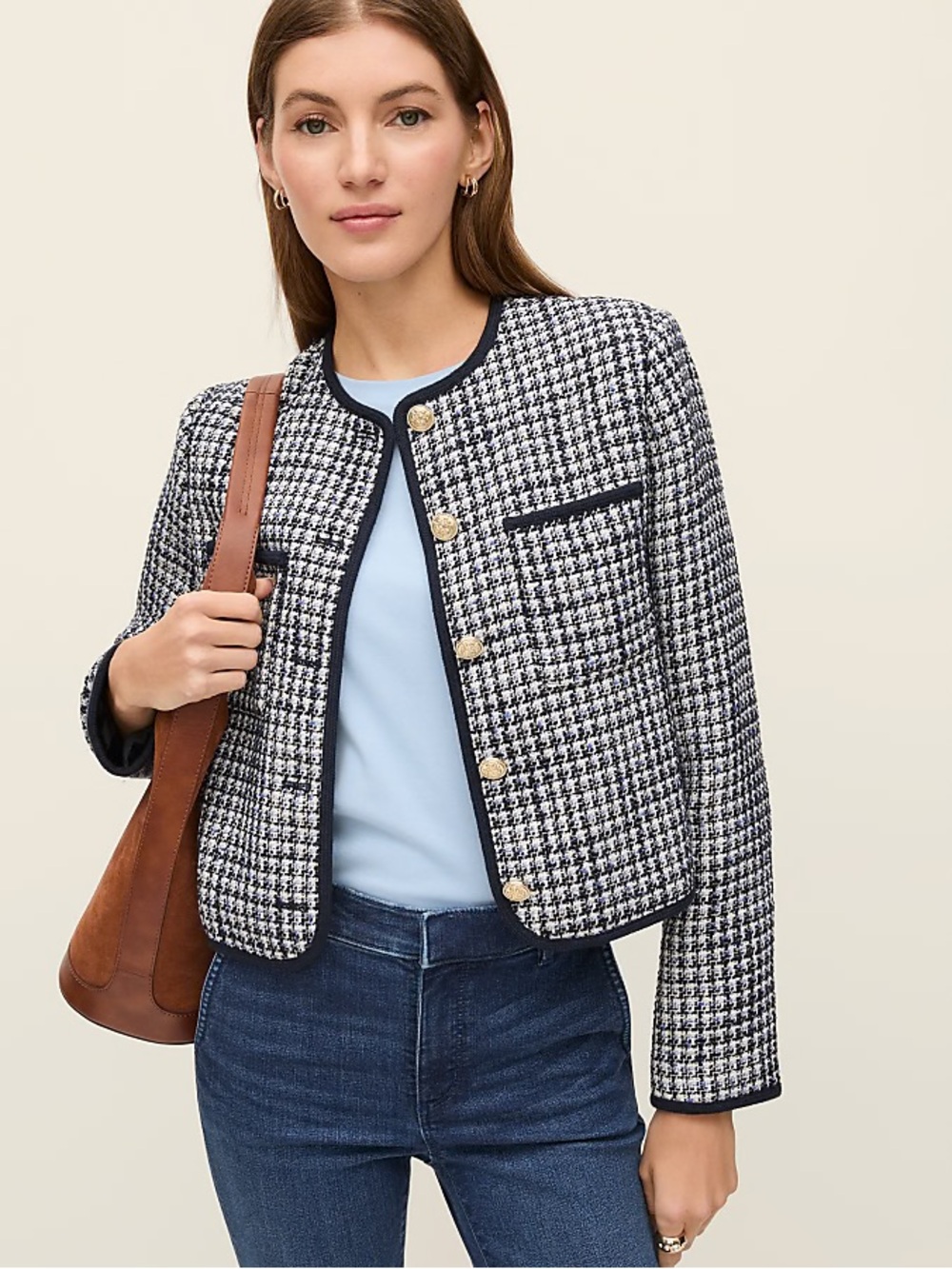 NWT Ann Taylor Petite Weekend Tweed Crew Neck Jacket Navy Ivory 12 petite